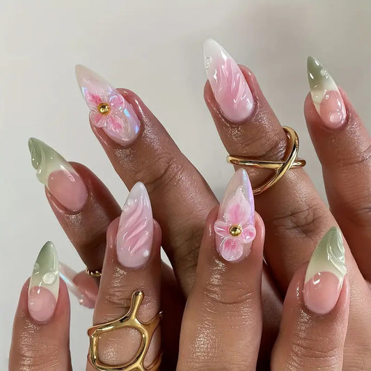 Whimsical Floral Dream Long Almond Pink and Green Ombre Press On Nail Set with 3D Flower Accents and Pearl Detail