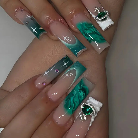 Aquatic Oasis Long Square Mint Green Press On Nail Set with Glitter and Gemstone Accents