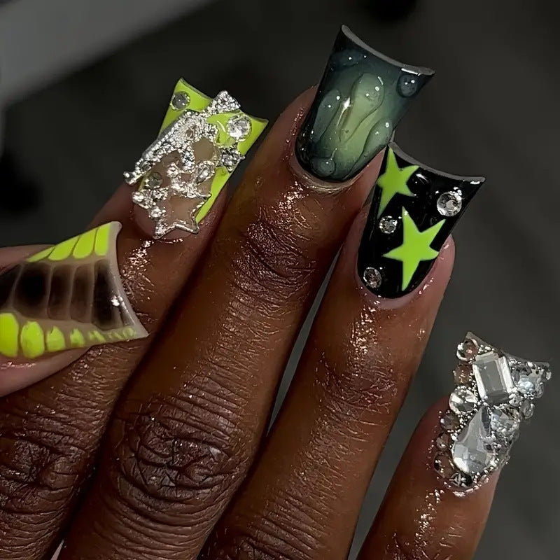 Galactic Glam Long Duck Press On Nail Set with Neon Green Black and Clear Gemstone Embellishments