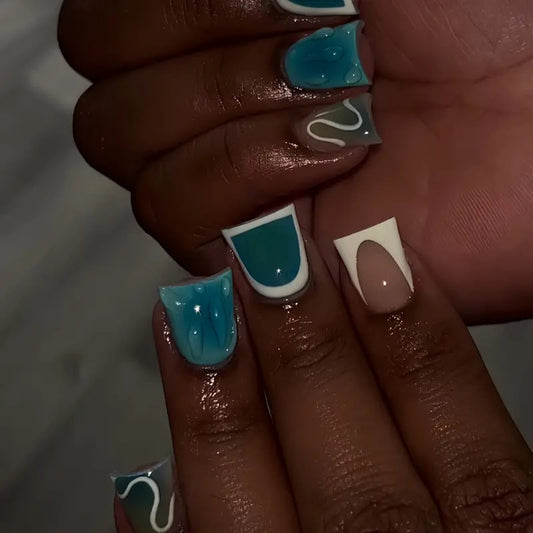 Aqua Dreams Medium Duck Press On Nail Set with Swirl Design in Teal White and Beige