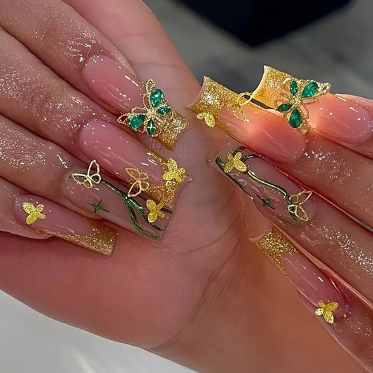 Glistening Garden Long Square Clear Gold and Green Butterfly Press On Nail Set