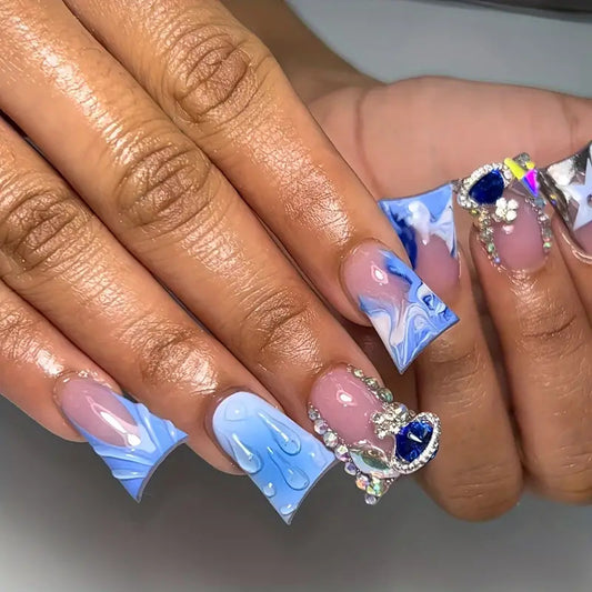 Ocean Bliss Long Duck Blue Press On Nail Set with Raindrop Design and Gemstone Accents