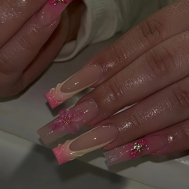 Blossom Beauty Extra Long Square Press On Nail Set Pink Ombre with Floral Embellishments