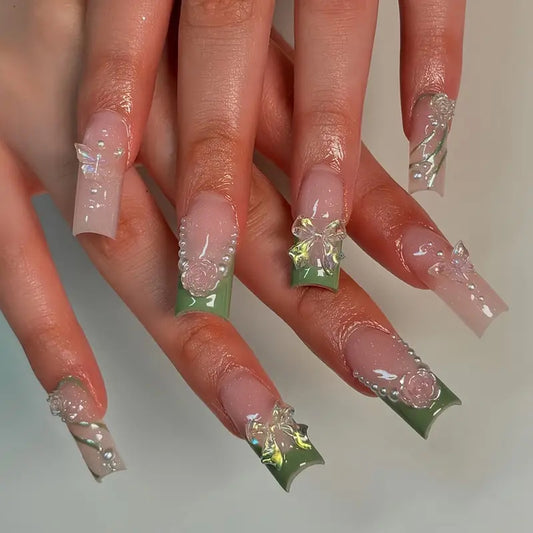 Whimsical Floral Long Square Press On Nail Set in Clear Pink and Green with 3D Flower and Pearl Accents