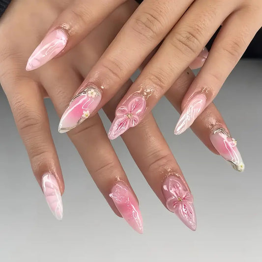 Floral Garden Glam Long Almond Pink Press On Nail Set with 3D Flower Accents