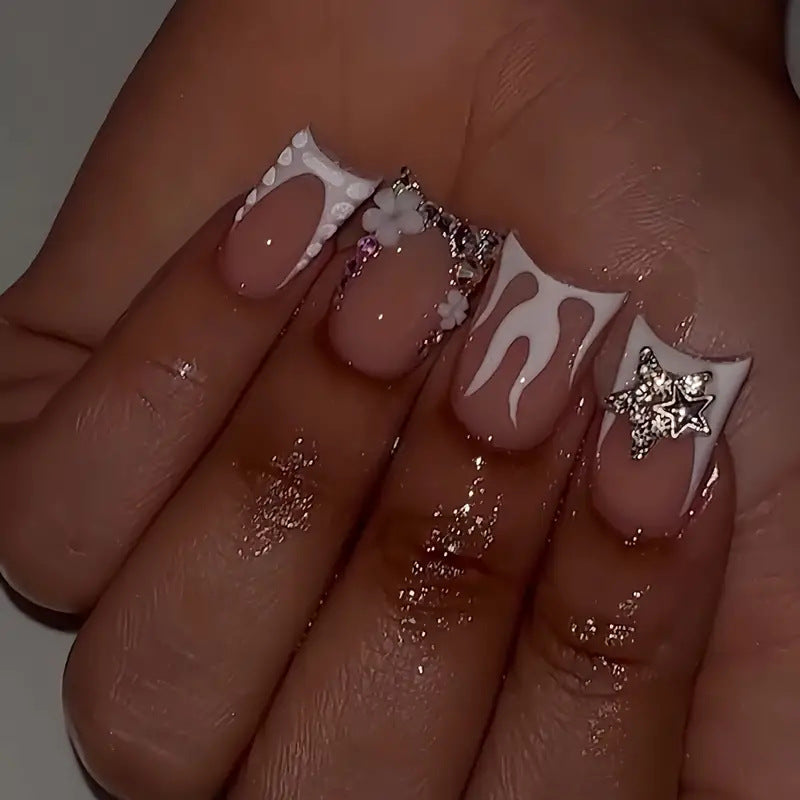 Celestial Glam Long Duck Pink and White Press on Nail Set with Floral and Star Accents