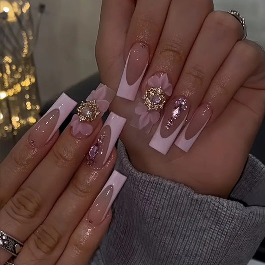 Floral Elegance Extra Long Square Pink Press On Nail Set with 3D Flower and Gem Accents