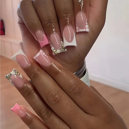 Chic Elegance Long Duck Pink and White Press On Nail Set with Rhinestone Accents