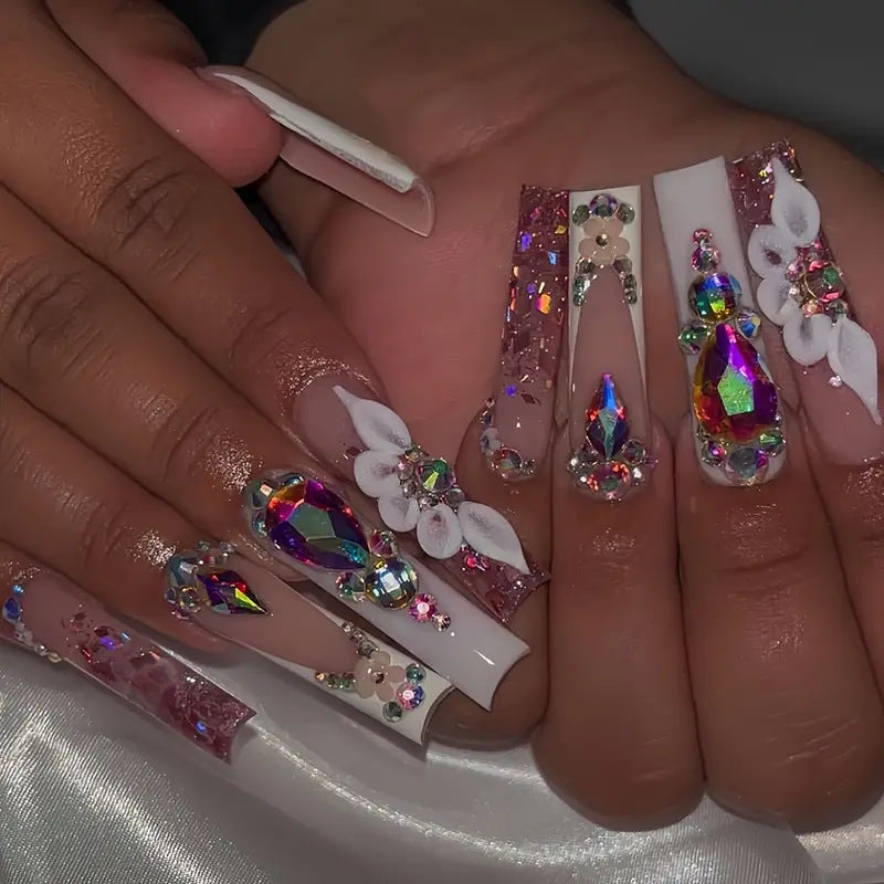 Glamorous Fantasy Long Square Pink and Clear Press On Nail Set with Colorful Rhinestone Accents and Floral Designs