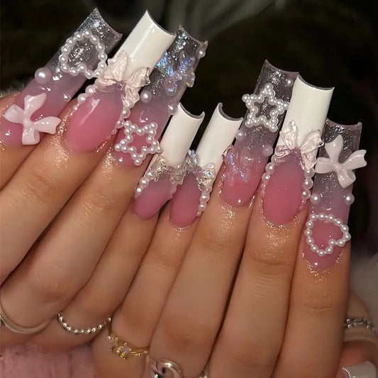 Whimsical Charm Long Square Shape Pink Gradient Press On Nail Set with Pearls and Bows