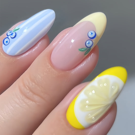 Summer Citrus Glam Almond Press On Nail Set long blue yellow and pink with fruity designs