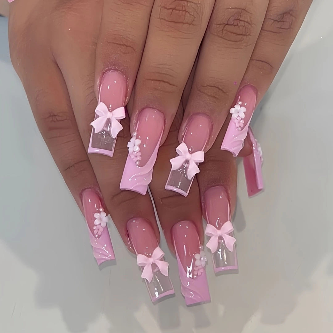 Charming Pink Blossom Extra Long Length Square Press On Nail Set with 3D Bow and Floral Accents