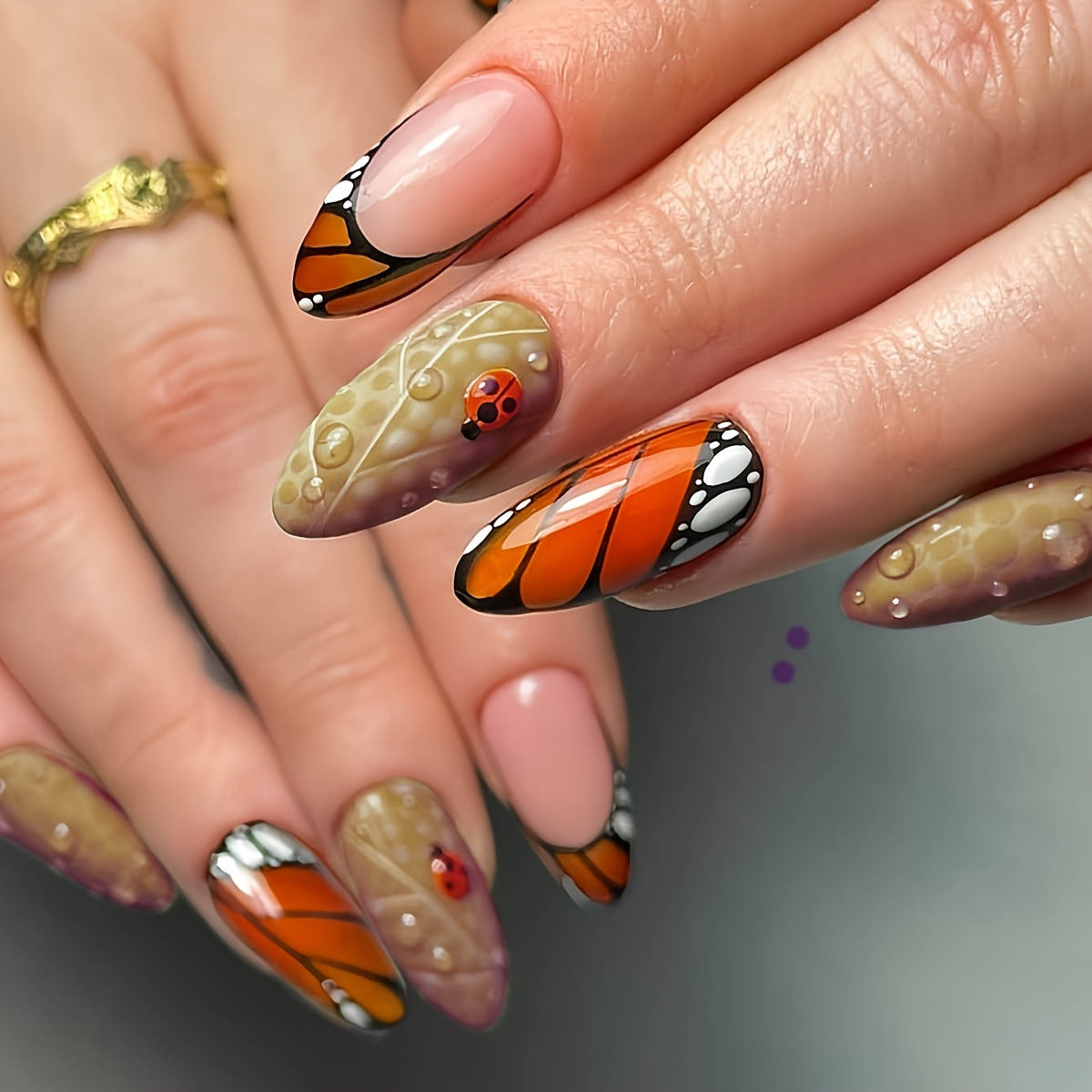 Butterfly Garden Long Almond Orange Beige Press On Nail Set with Ladybug Design