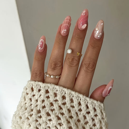 Chic Coastal Dreams Long Almond Pink Press On Nail Set with Pearl Accents and Unique Shell Patterns