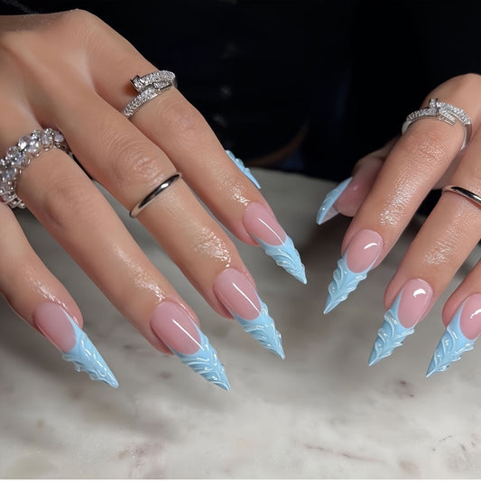 Frozen Fantasy Long Stiletto Sky Blue and Beige Press On Nail Set with Elegant Ice Cream Cone Design