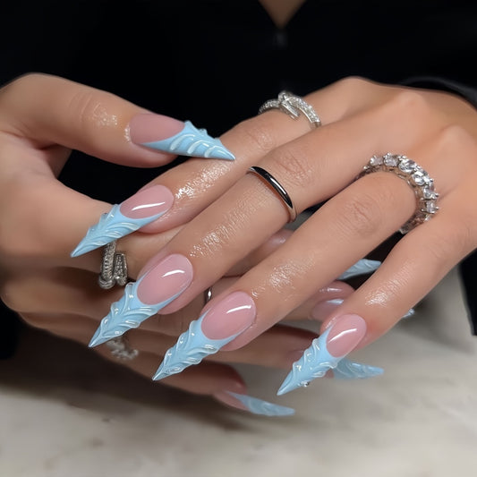 Ocean Breeze Long Stiletto Press On Nail Set in Sky Blue with Unique Leaf Design