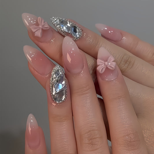 Chic Fairy Tale Long Almond Pink Ombre Press On Nail Set with Glittering Gem and Bow Accents