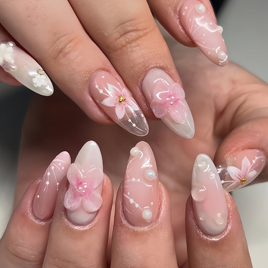 Blossom Dream Long Almond Pink Floral Press On Nail Set with Pearl Accents