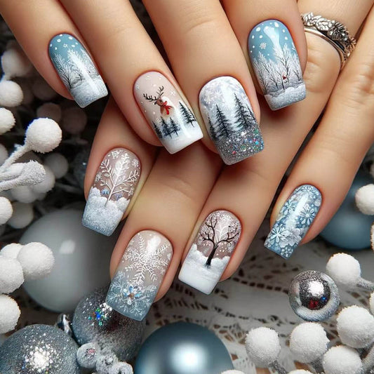 Winter Wonderland Press On Nail Set Long Square Sky Blue and White Frosted Design with Glittery Snowflakes and Winter Scenery