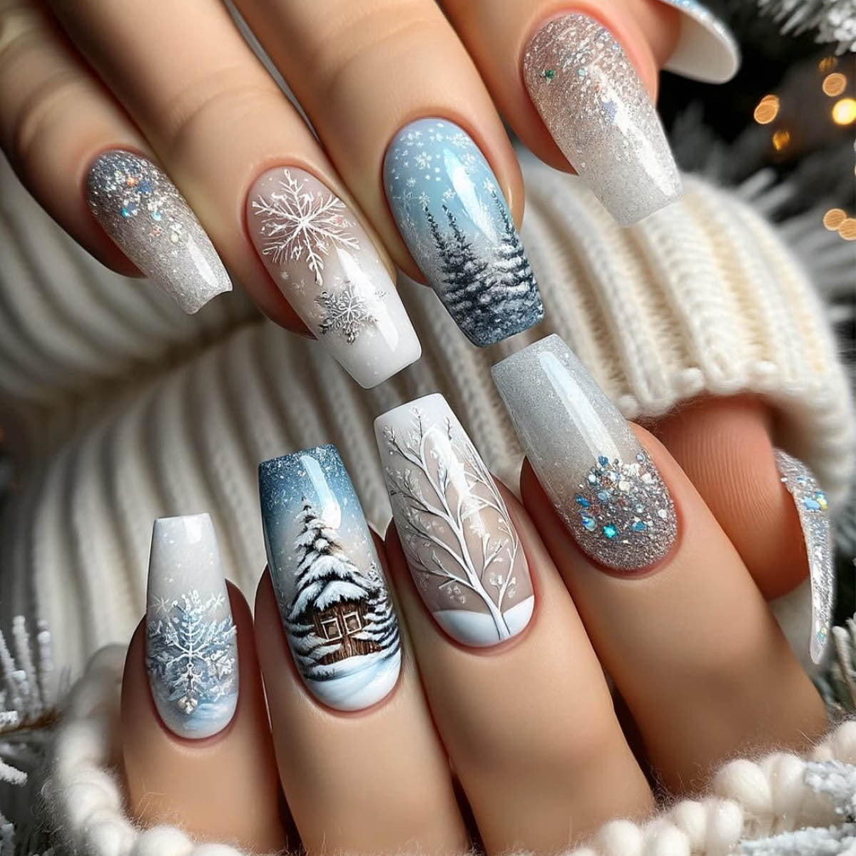 Winter Wonderland Long Coffin Blue White Glittery Snowy Scenic Press On Nail Set