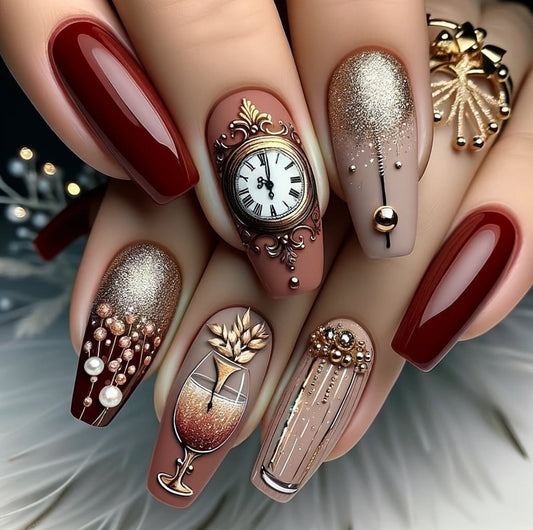 Elegant Celebration Coffin Long Length Burgundy and Beige Ombre Press On Nail Set with Champagne and Clock Design