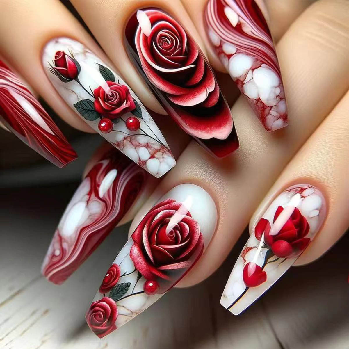 Romantic Garden long coffin red floral press on nail set featuring elegant rose designs and glossy finish