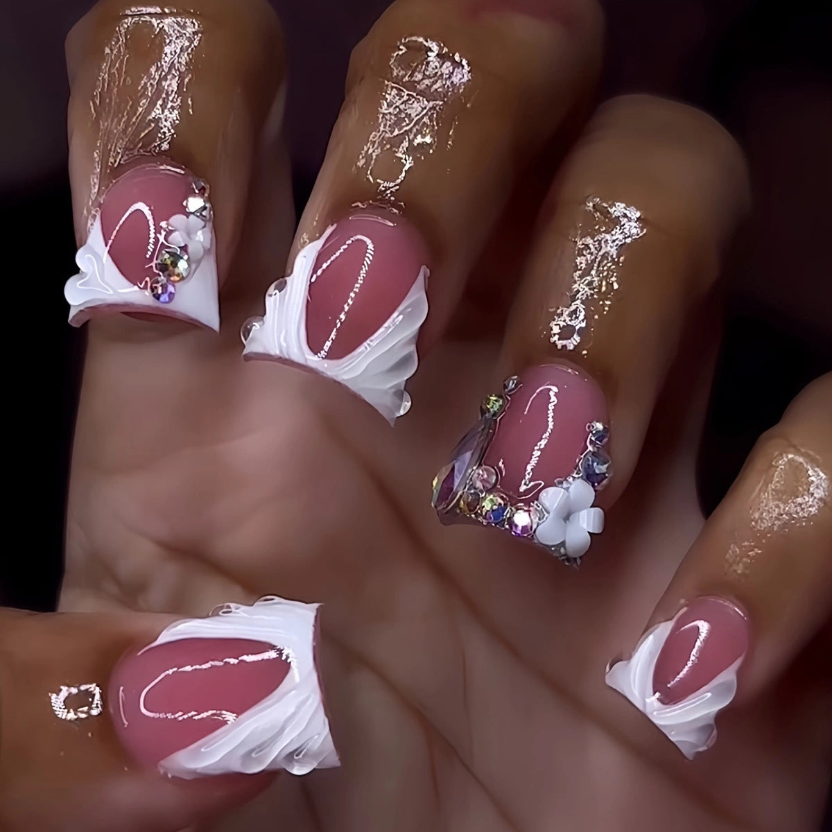 Chic Dessert Themed Medium Duck Blush Pink and White Swirl Press On Nail Set with Floral Gems and Glitter Accents