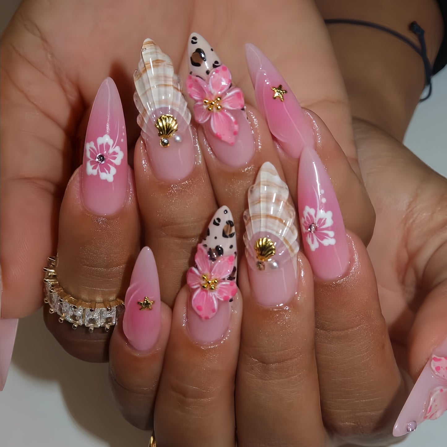 Tropical Bliss Long Stiletto Pink Press-On Nail Set with Floral and Shell Accents