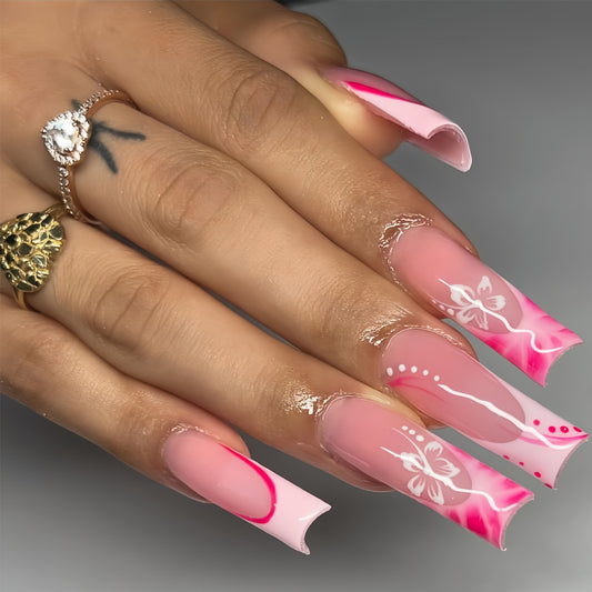 Blossom Dream Long Square Pink Gradient Press On Nail Set with Floral Design