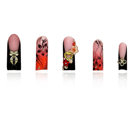 Blooming Elegance Long Square Pink to Black Ombre with Decorative Floral Gems Press On Nail Set