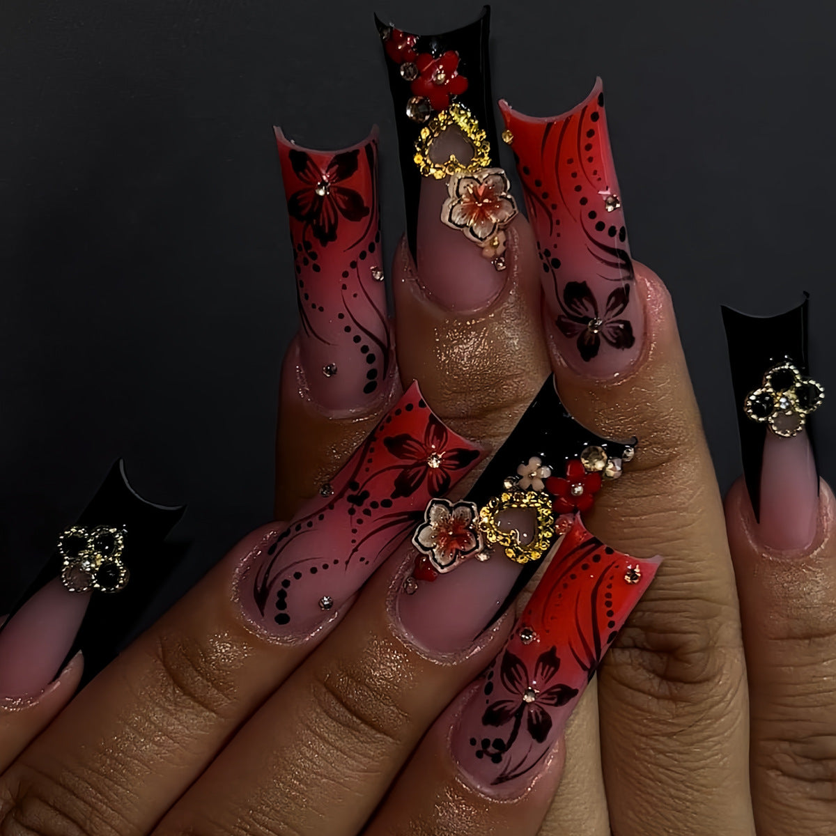 Floral Noir Long Square Press On Nail Set in Black and Red with Stunning Jewel Embellishments