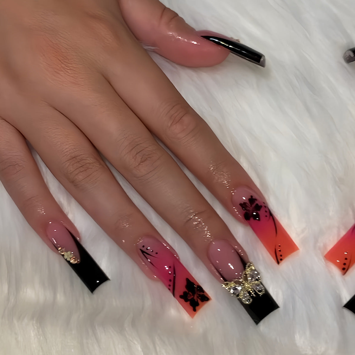 Enchanting Floral Fantasy Long Square Gradient Pink and Black with Elegant Butterfly Accent Press-On Nail Set