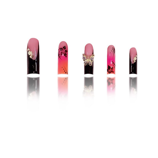 Glamorous Butterfly Dreams Long Square Gradient Pink and Black Press On Nail Set with Floral and Rhinestone Accents