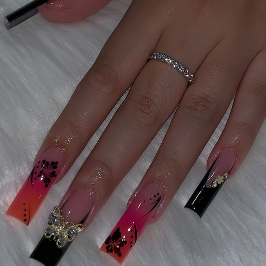 Charming Floral Fantasy Extra Long Square Gradient Pink and Black Press On Nail Set with Elegant Butterfly Accents