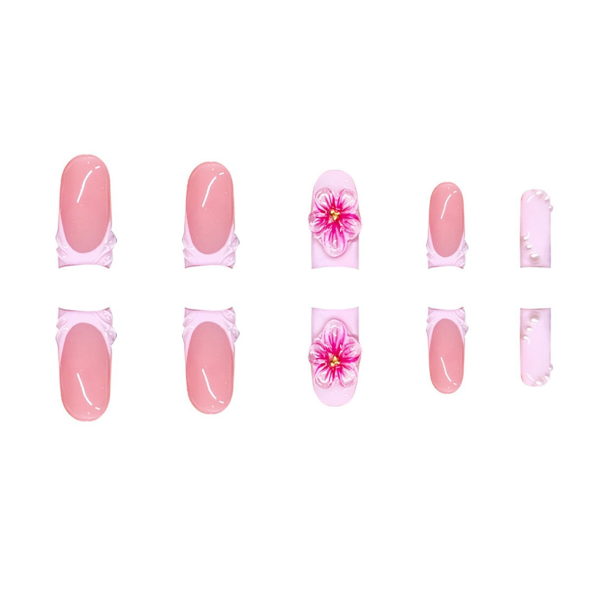 Blooming Elegance Medium Square Soft Pink Floral Accents Press On Nail Set