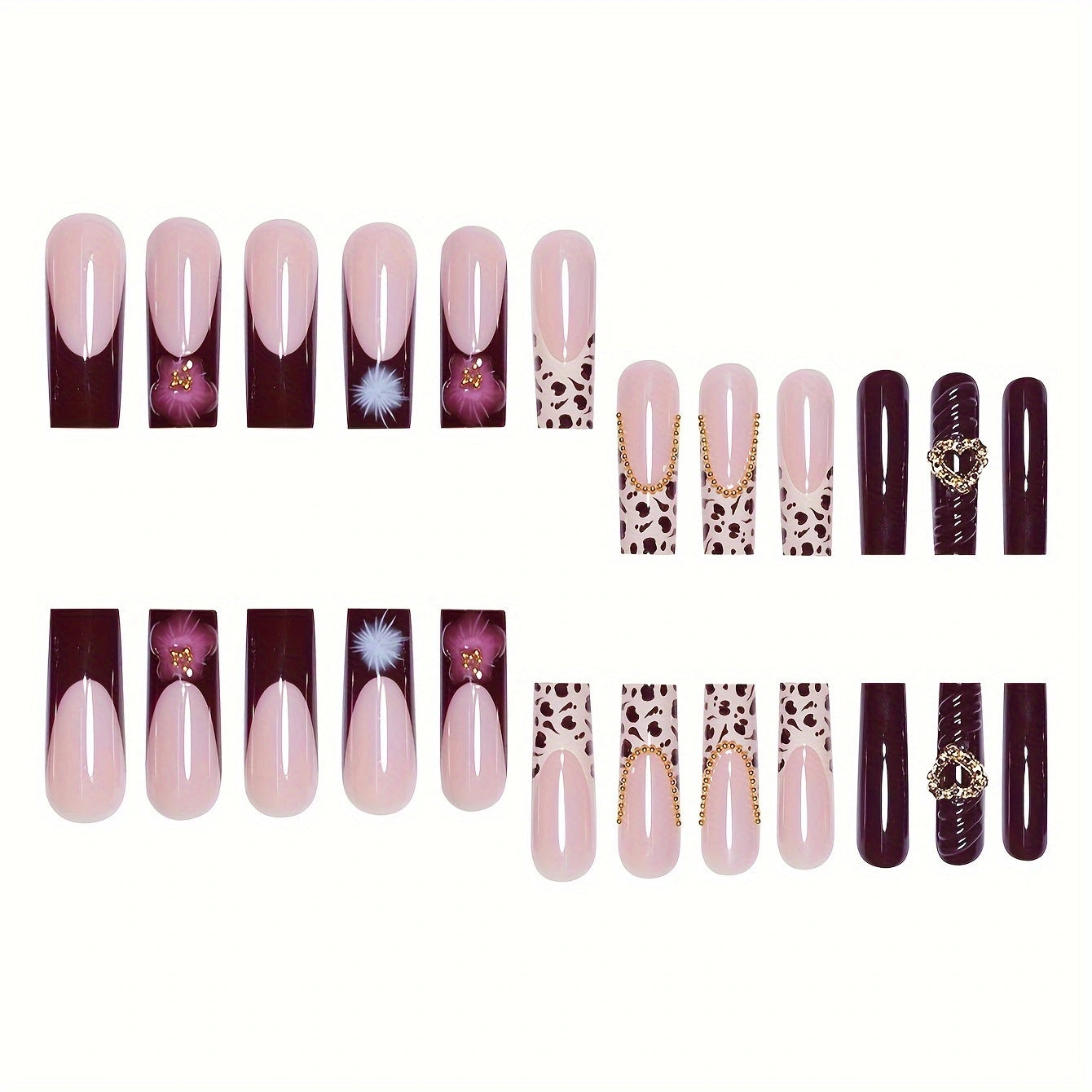 Elegant Nightfall Long Square Burgundy and Soft Pink Gradient with Floral Accents and Chic Gold Details Press-On Nail Set