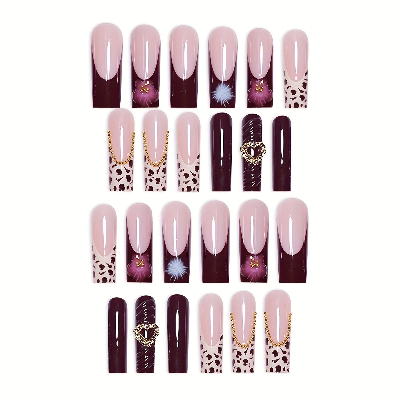 Chic Elegance Long Square Burgundy and Beige Gradient with Floral and Animal Print Accents Nail Set