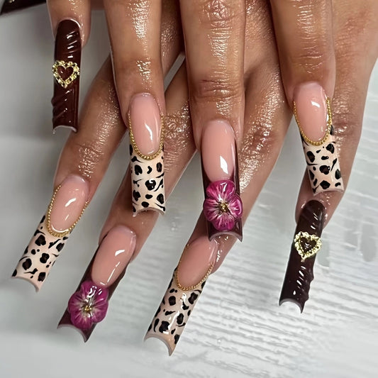 Chic Jungle Luxe Extra Long Coffin Shape Brown and Beige with Floral and Leopard Accent Features