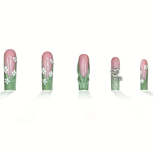 Garden Blossom Elegant Long Square Soft Pink and Fresh Green Floral Design with Sparkling Charm Press-On Nail Set