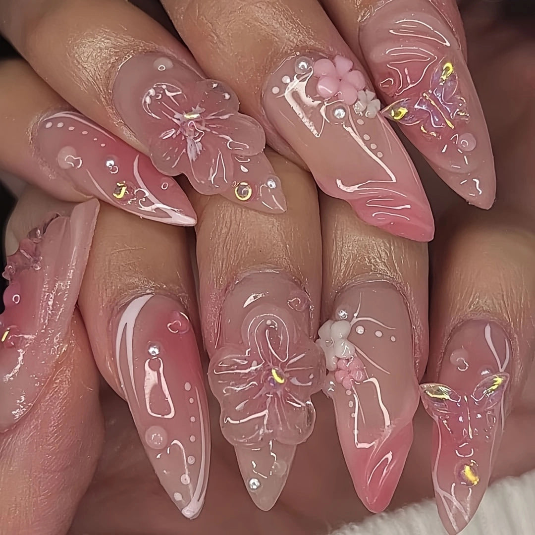 Blossoming Dream Long Almond Pink Floral Press On Nail Set with Stunning Gem Accents