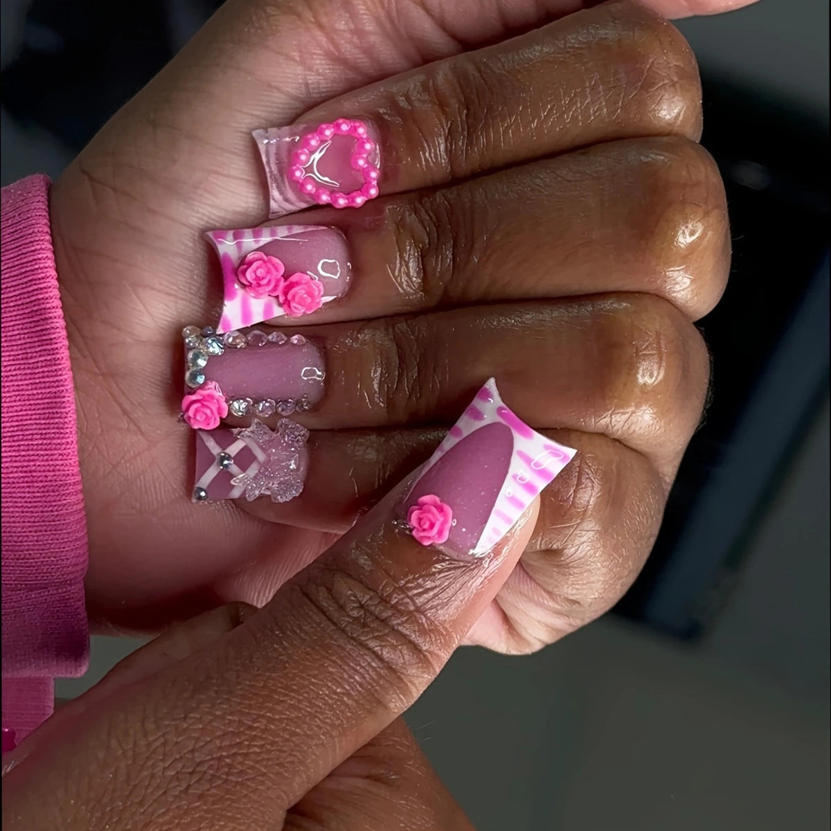 Sweet Blossom Charm Medium Duck Pink Press-On Nail Set with Floral Accents and Dazzling Gems