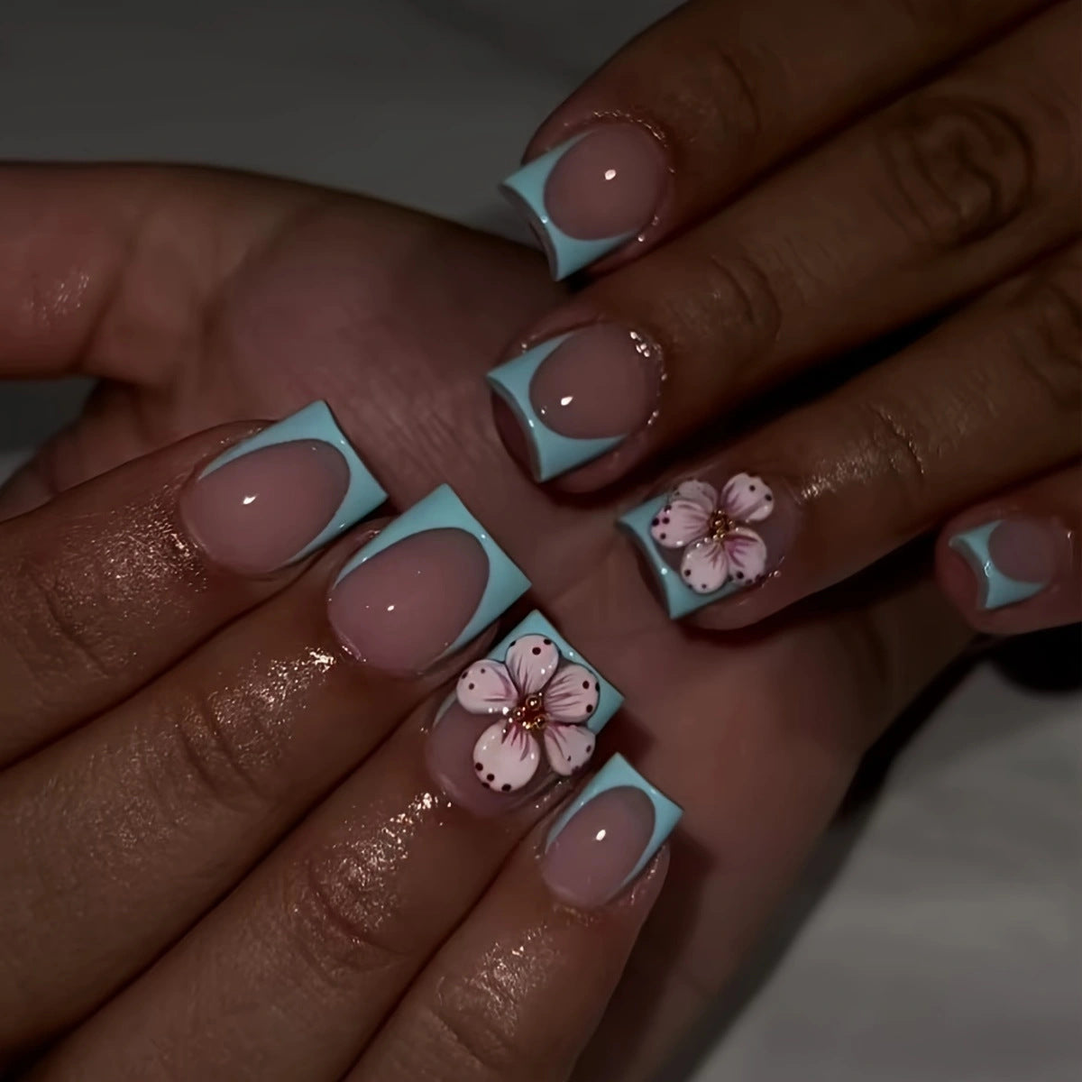 Blossom Breeze Short Square Press On Nail Set in Soft Pink and Aqua with Floral Accent