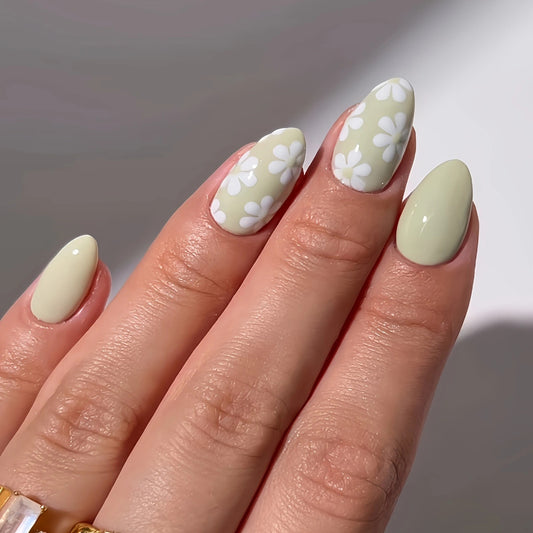 Daisy Dreams Short Almond Green with Floral Accents Press On Nail Set