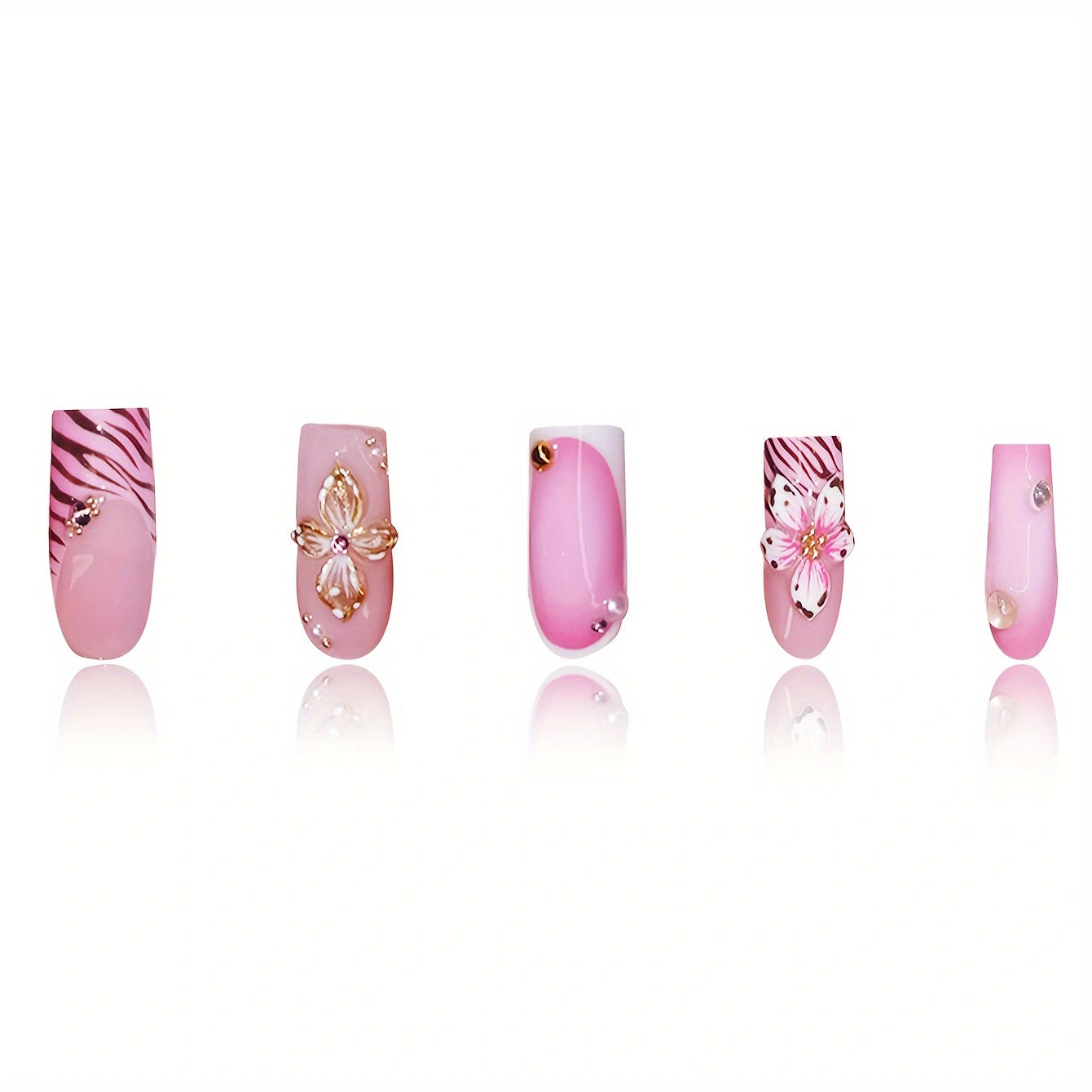 Garden Party Glamour Long Square Pink Press On Nail Set with Floral and Zebra Accents