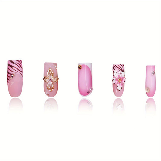 Garden Party Glamour Long Square Pink Press On Nail Set with Floral and Zebra Accents