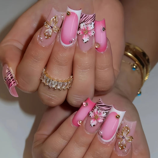 Tropical Blossom Pink Medium Square Press On Nails with Floral Accents and Zebra Stripes