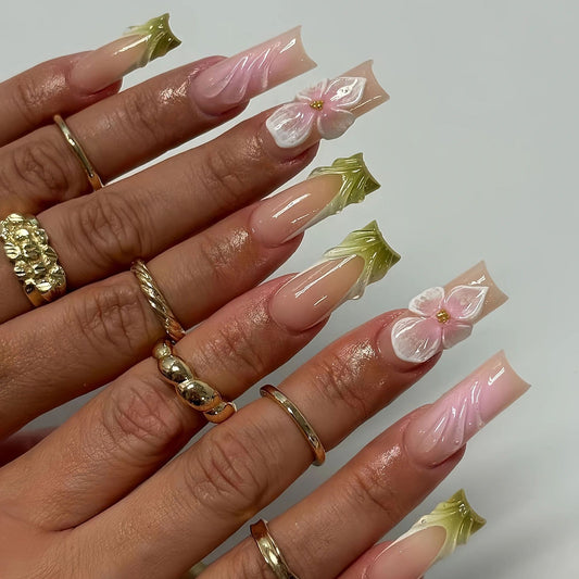 Floral Fantasy Long Square Pink and Beige Press on Nails with Stunning Blossom and Leaf Design