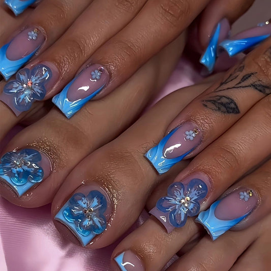 Floral Serenity Long Square Blue Ombre Press On Nail Set with Three Dimensional Petals