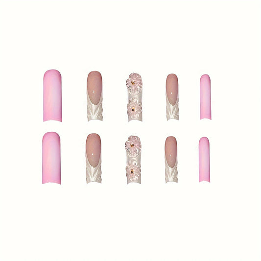 Floral Bliss Long Square Pink Ombre Press On Nail Set with Elegant Flower Accents