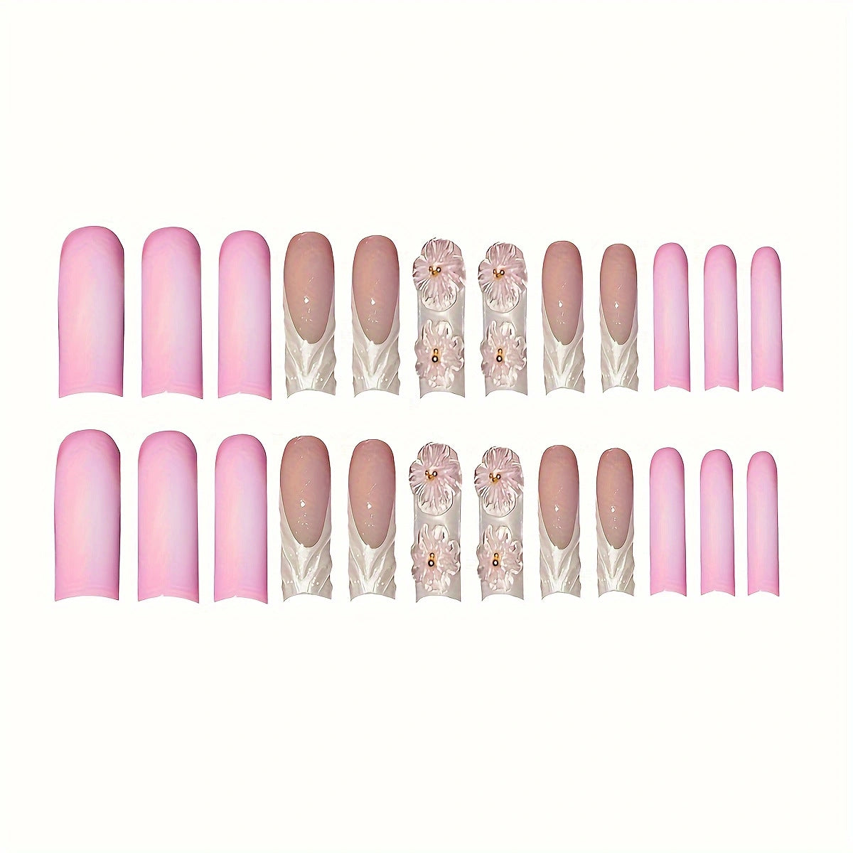 Blossoming Dreams Long Square Pink Ombre Press On Nail Set with Floral Accents